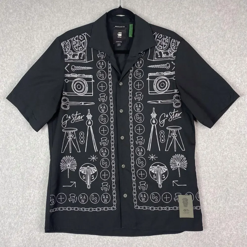 G-Star Raw Mens M Black Hawaiian Service Regular Fit S/S Button Camp Shirt